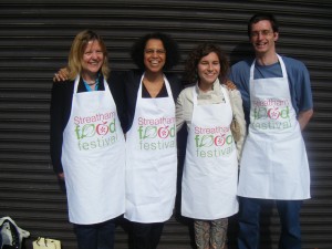 Caroline, Mel, Olivia and Danny get ready to hit the streets with their trusty aprons (and flyers)