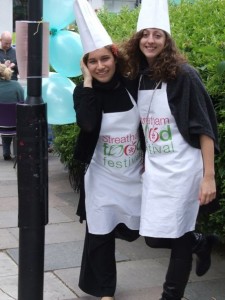 Olivia & Victoria model our fab aprons!